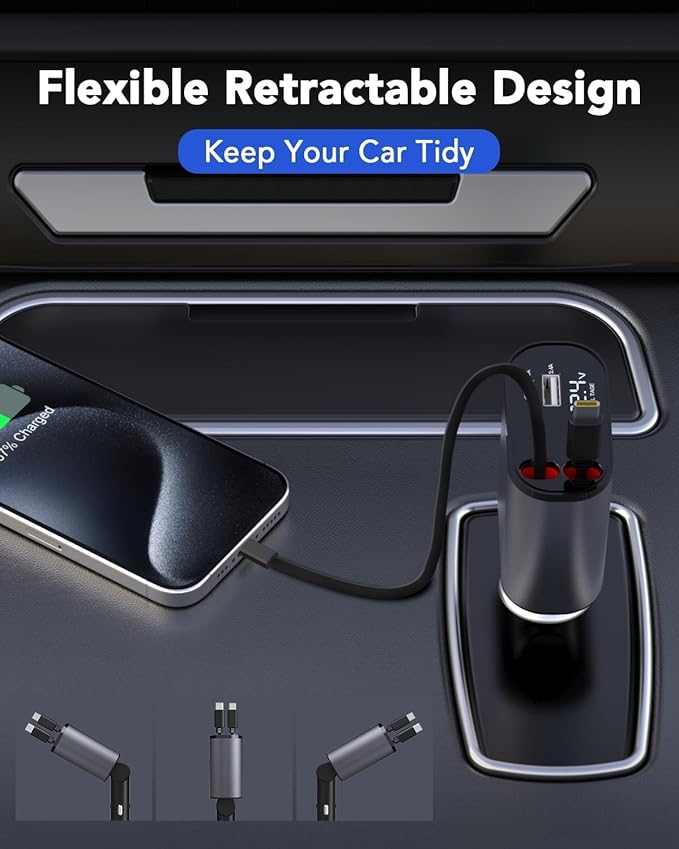 Car Phone Charger | 4 In 1 Retractable Car Charger | Pocket Car Charger | 120W Car Charger | 180° Adjustable Type C & iPhone Car Adapter | Car Phone Charger | Retractable Cable and 2 USB Ports Car Charger