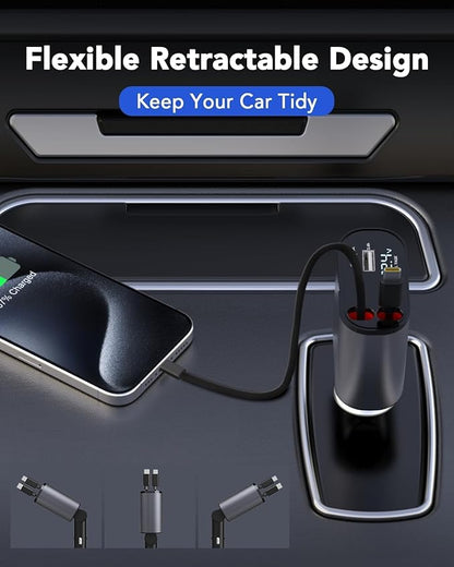 Car Phone Charger | 4 In 1 Retractable Car Charger | Pocket Car Charger | 120W Car Charger | 180° Adjustable Type C & iPhone Car Adapter | Car Phone Charger | Retractable Cable and 2 USB Ports Car Charger