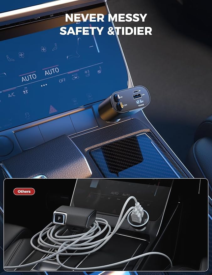 Car Phone Charger | 4 In 1 Retractable Car Charger | Pocket Car Charger | 120W Car Charger | 180° Adjustable Type C & iPhone Car Adapter | Car Phone Charger | Retractable Cable and 2 USB Ports Car Charger