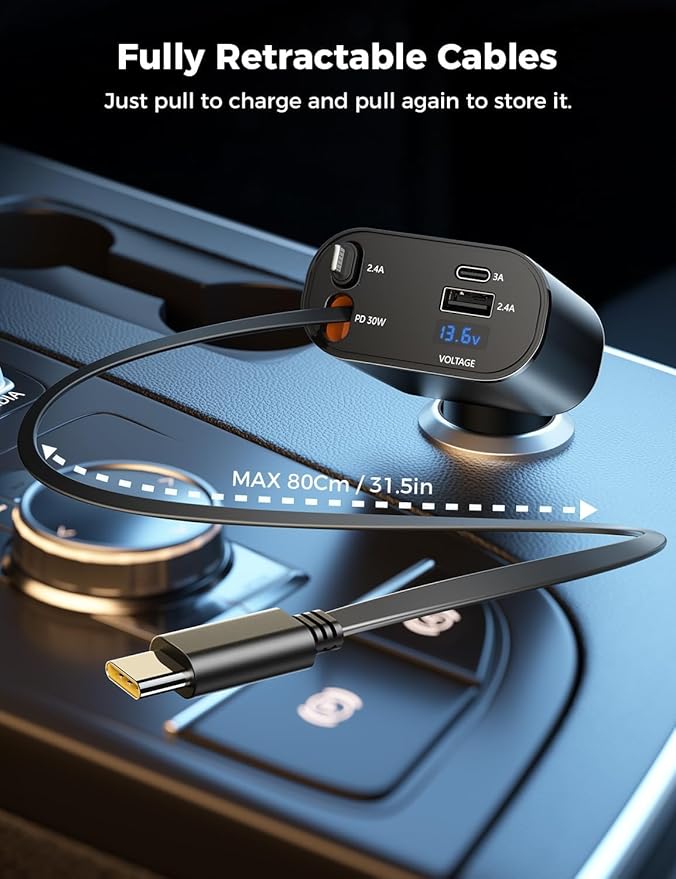 Car Phone Charger | 4 In 1 Retractable Car Charger | Pocket Car Charger | 120W Car Charger | 180° Adjustable Type C & iPhone Car Adapter | Car Phone Charger | Retractable Cable and 2 USB Ports Car Charger