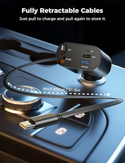 Car Phone Charger | 4 In 1 Retractable Car Charger | Pocket Car Charger | 120W Car Charger | 180° Adjustable Type C & iPhone Car Adapter | Car Phone Charger | Retractable Cable and 2 USB Ports Car Charger