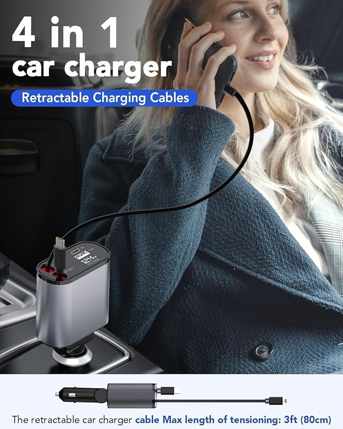 Car Phone Charger | 4 In 1 Retractable Car Charger | Pocket Car Charger | 120W Car Charger | 180° Adjustable Type C & iPhone Car Adapter | Car Phone Charger | Retractable Cable and 2 USB Ports Car Charger