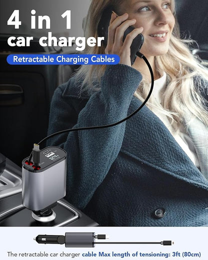 Car Phone Charger | 4 In 1 Retractable Car Charger | Pocket Car Charger | 120W Car Charger | 180° Adjustable Type C & iPhone Car Adapter | Car Phone Charger | Retractable Cable and 2 USB Ports Car Charger