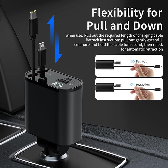 Car Phone Charger | 4 In 1 Retractable Car Charger | Pocket Car Charger | 120W Car Charger | 180° Adjustable Type C & iPhone Car Adapter | Car Phone Charger | Retractable Cable and 2 USB Ports Car Charger