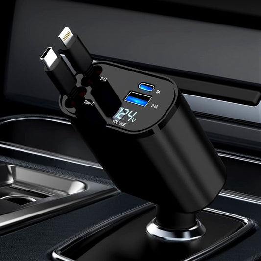 Car Phone Charger | 4 In 1 Retractable Car Charger | Pocket Car Charger | 120W Car Charger | 180° Adjustable Type C & iPhone Car Adapter | Car Phone Charger | Retractable Cable and 2 USB Ports Car Charger